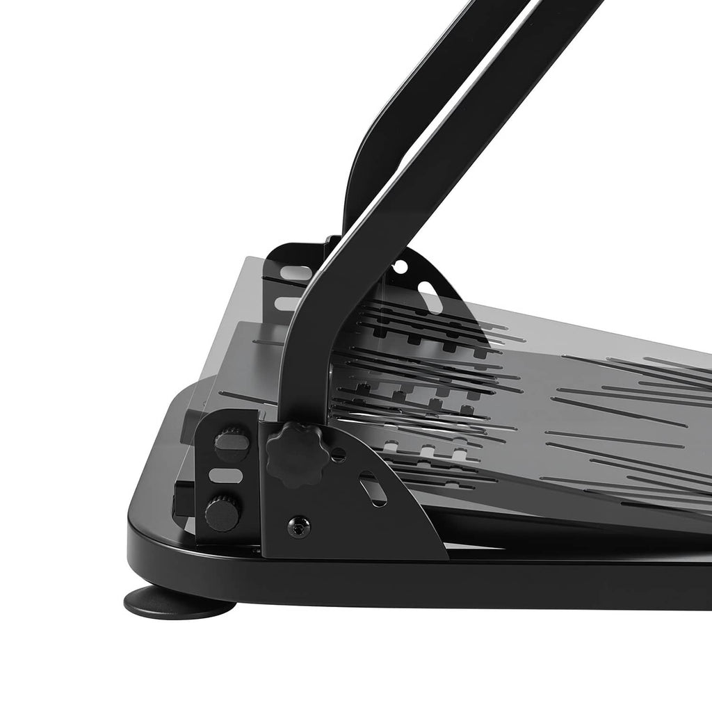 Black racing wheel stand base with perforated pedal plate and adjustable upright arm