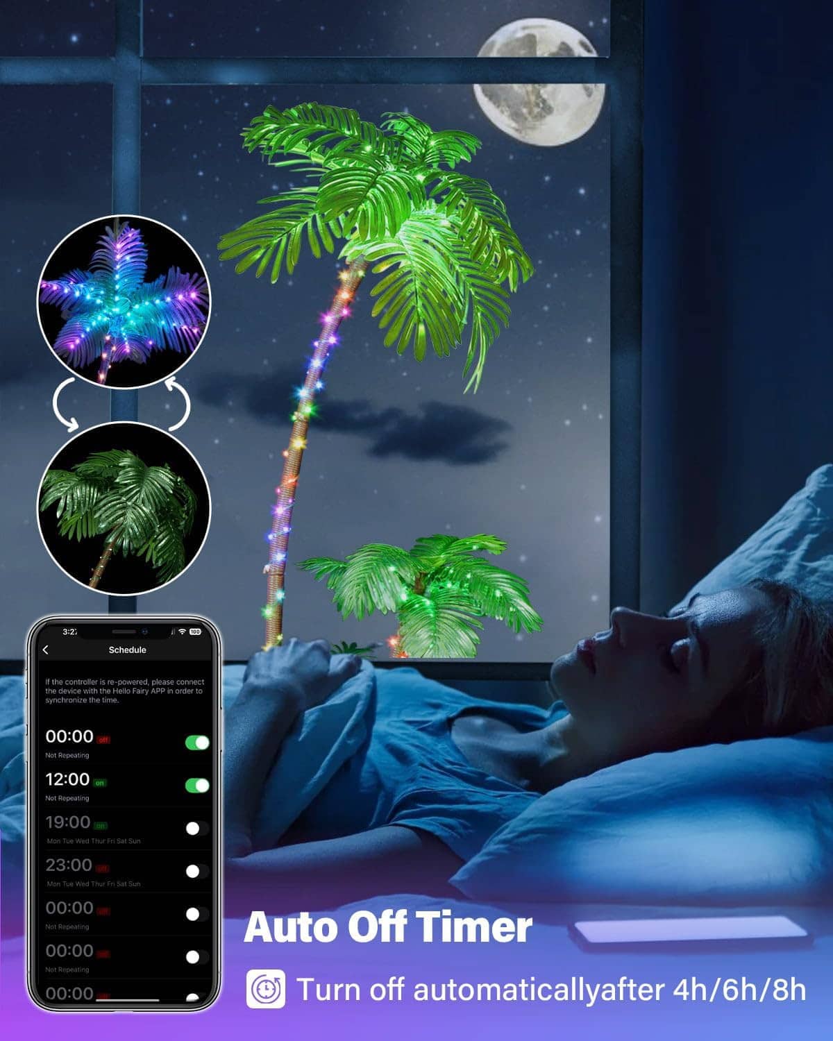 RGB LED palm tree with app remote phone and round light pattern inset