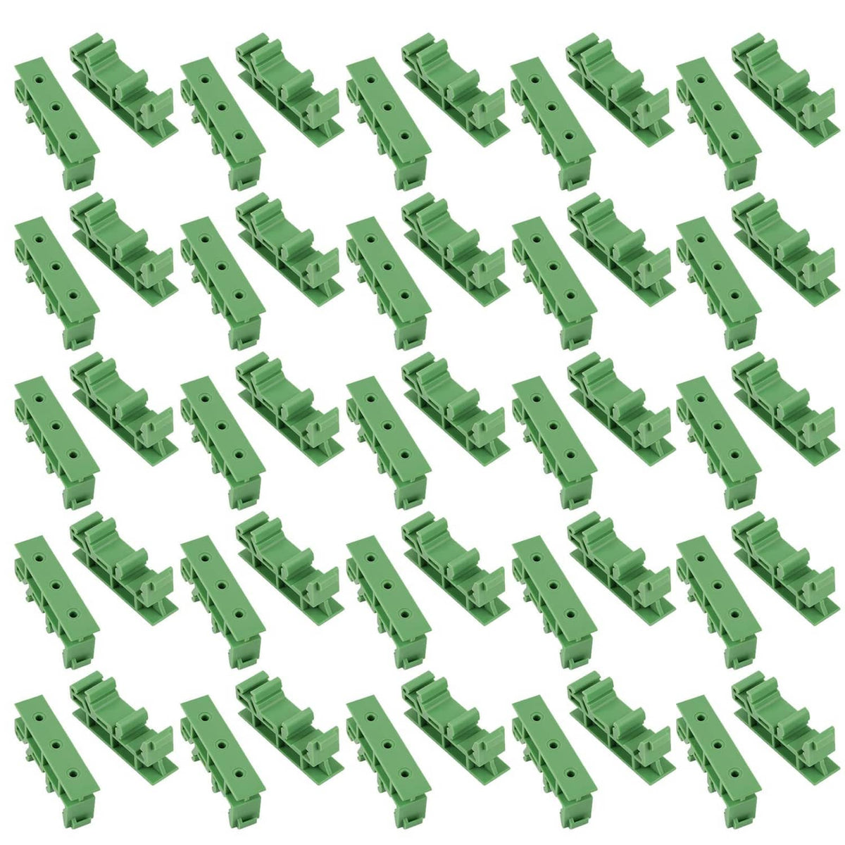 Green C45 DIN rail PCB mounting brackets, bulk set of multiple pieces