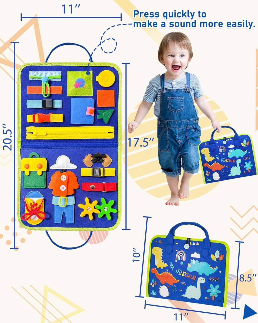 Blue dinosaur busy board with carry handle and colorful fastening activities