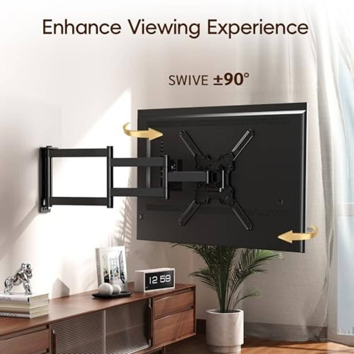 Swivel TV wall mount bracket swiveling to the side from wall plate, black