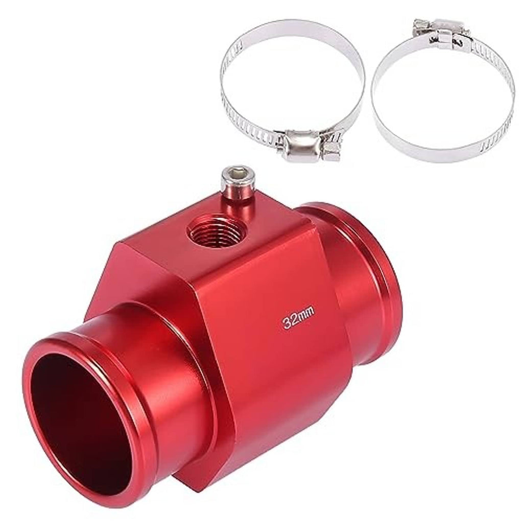 Red 32mm aluminum hose adapter with two silver hose clamps and threaded sensor port