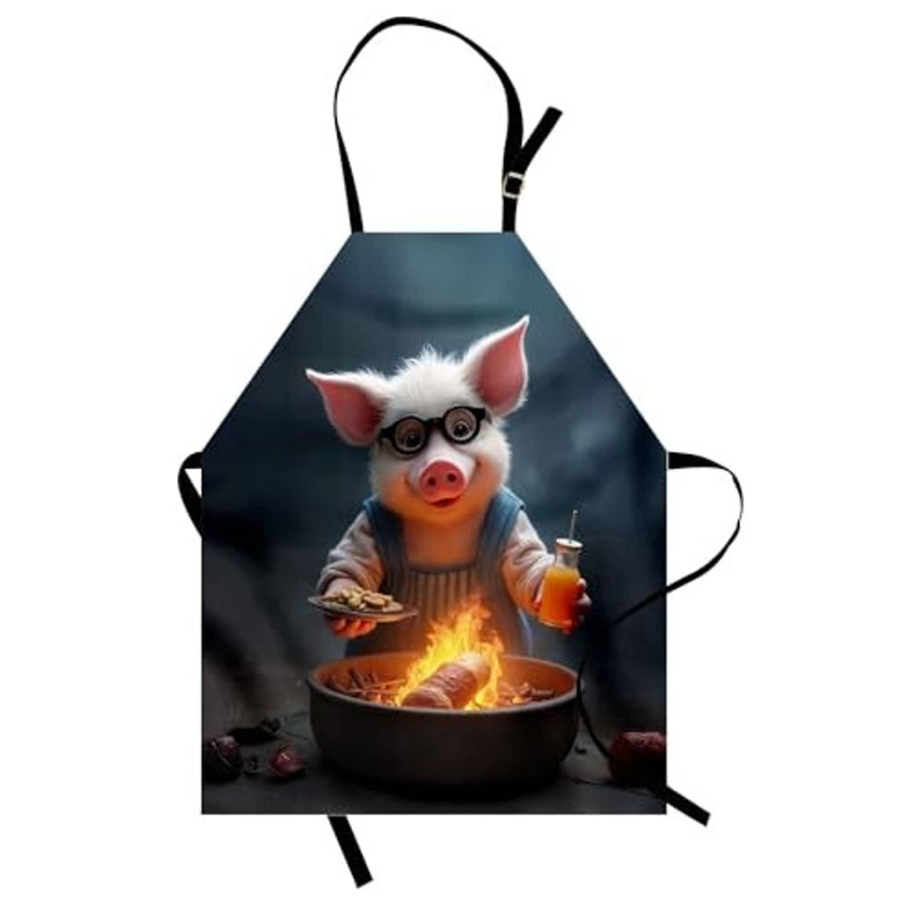 Dark blue apron front with pig grilling graphic, black neck strap and side loop ties