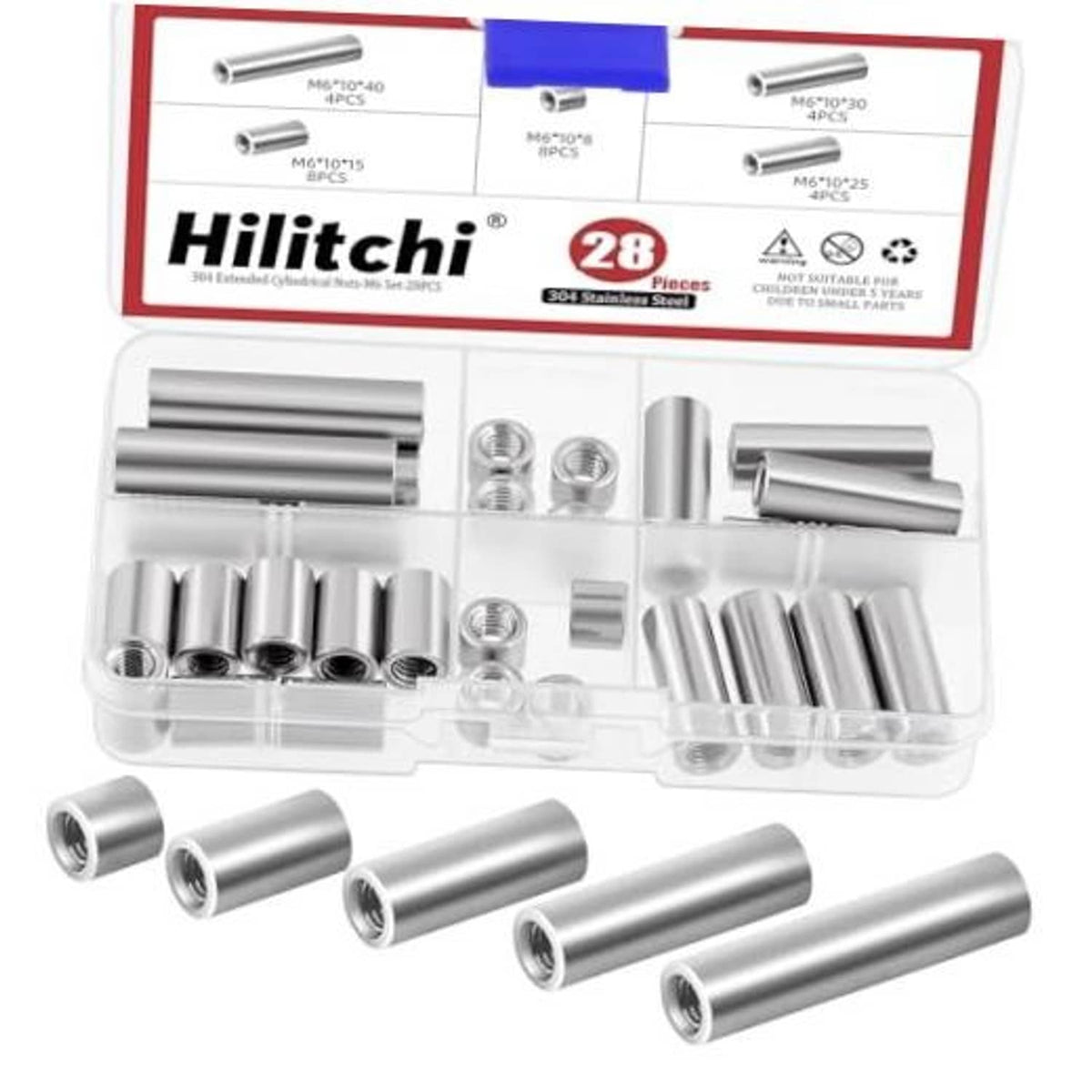 28-piece set of 304 stainless steel round coupling nuts in clear plastic organizer