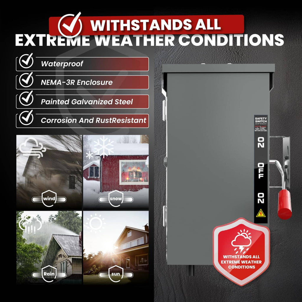 Outdoor-rated power transfer switch enclosure with red/black safety labels and vertical red handle