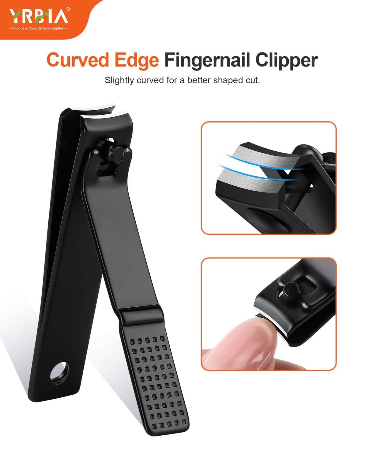 Black curved-edge fingernail clipper with textured handle and lever head