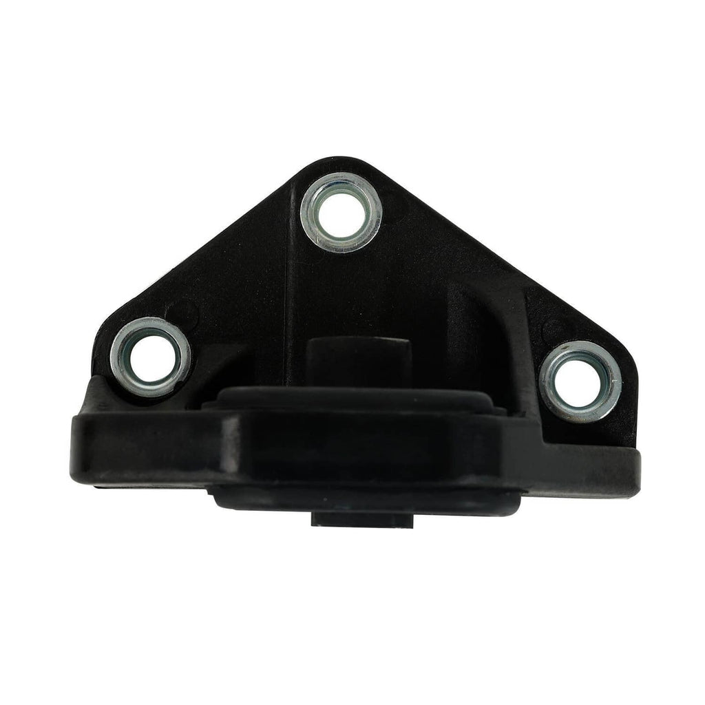 Black engine mount bracket with three circular bolt holes and central housing