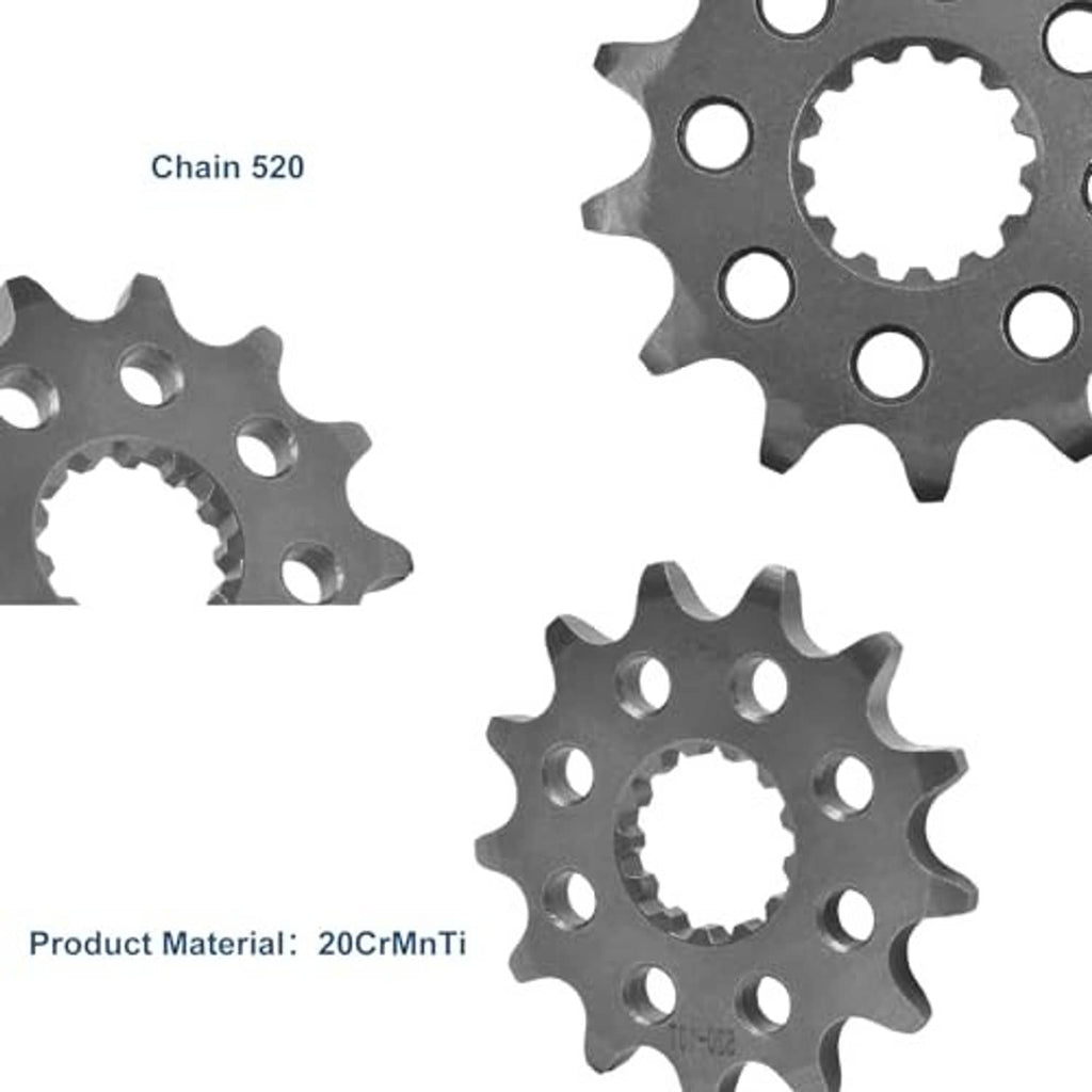 Chain 520 front sprocket gear set; material 20CrMnTi; multiple views on white