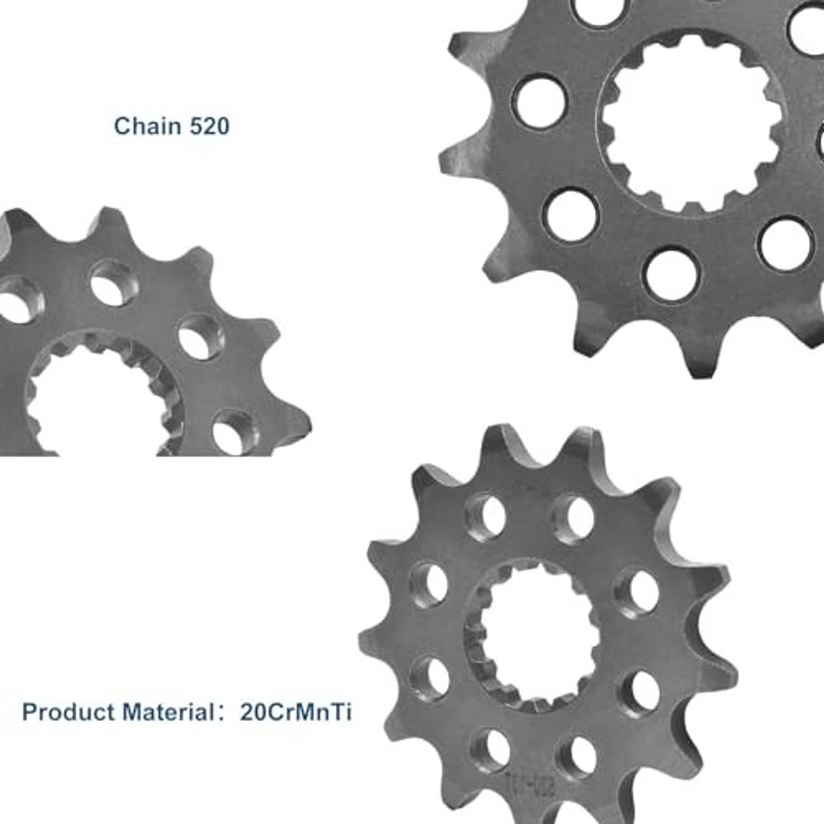 Chain 520 front sprocket gear set; material 20CrMnTi; multiple views on white