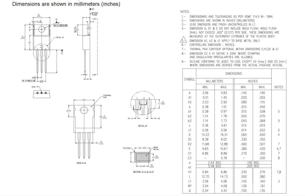 MOSFET transistor dimensions drawing sheet with pin layout and measurement table