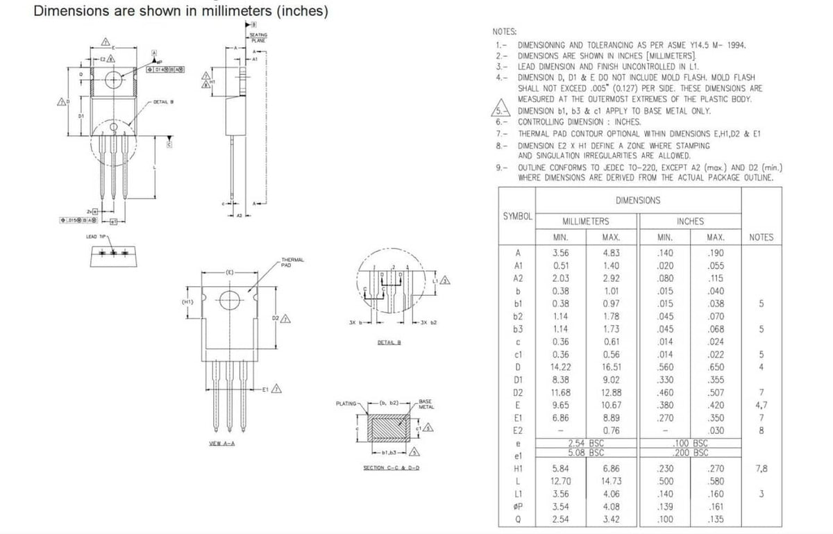MOSFET transistor dimensions drawing sheet with pin layout and measurement table