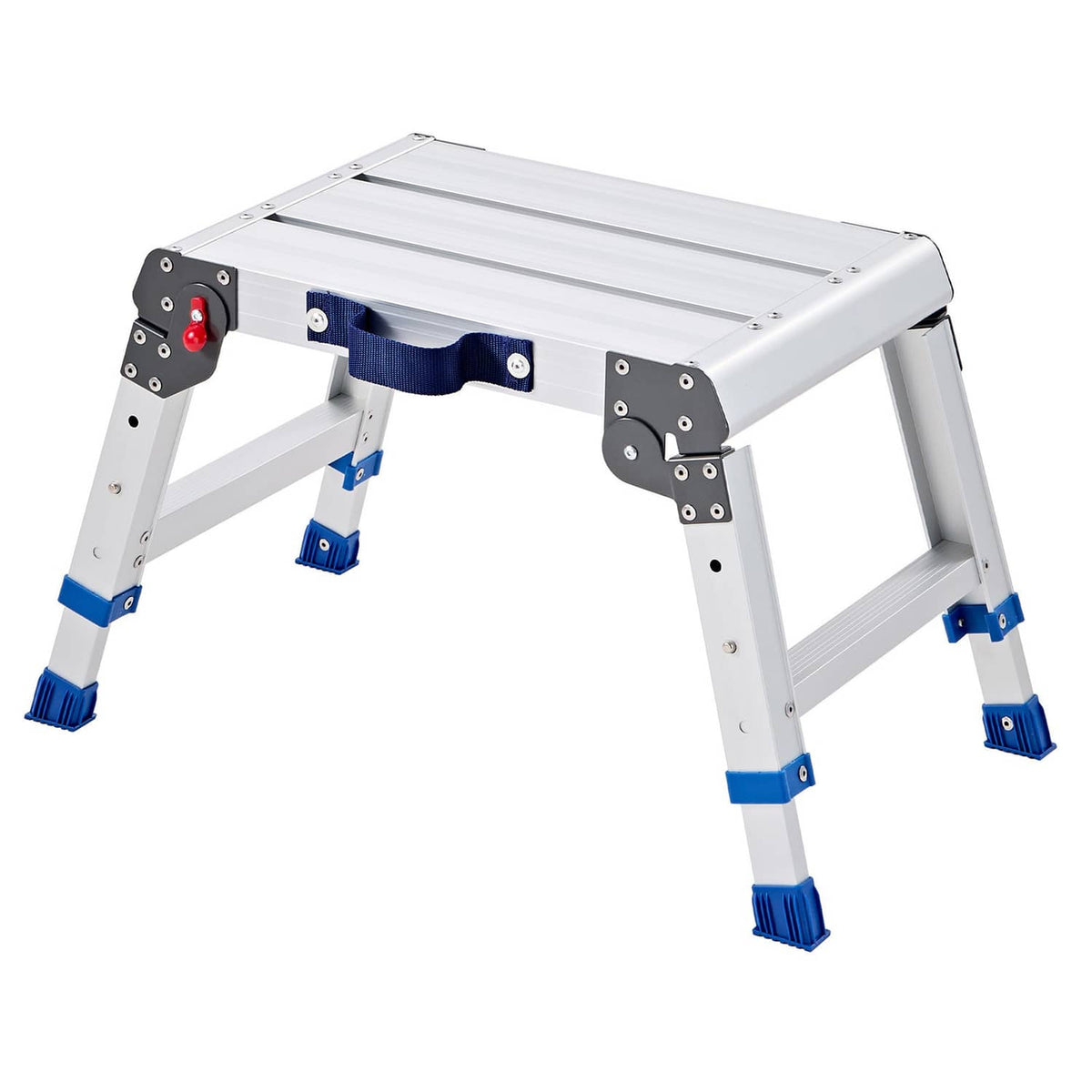 Folded metal work platform with white tabletop and blue braces, adjustable legs