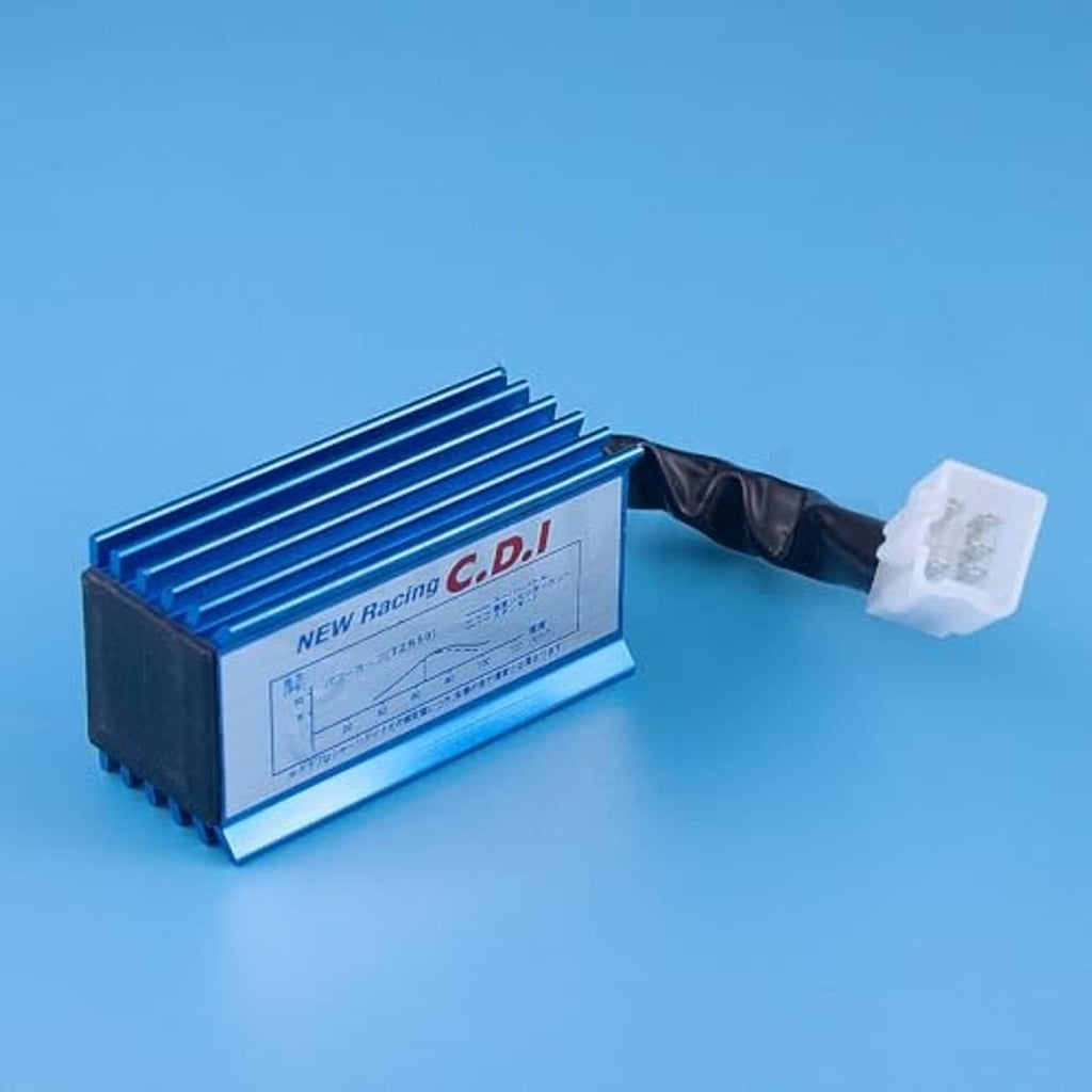 Blue finned 5-pin AC CDI ignition box with white electrical connector plug