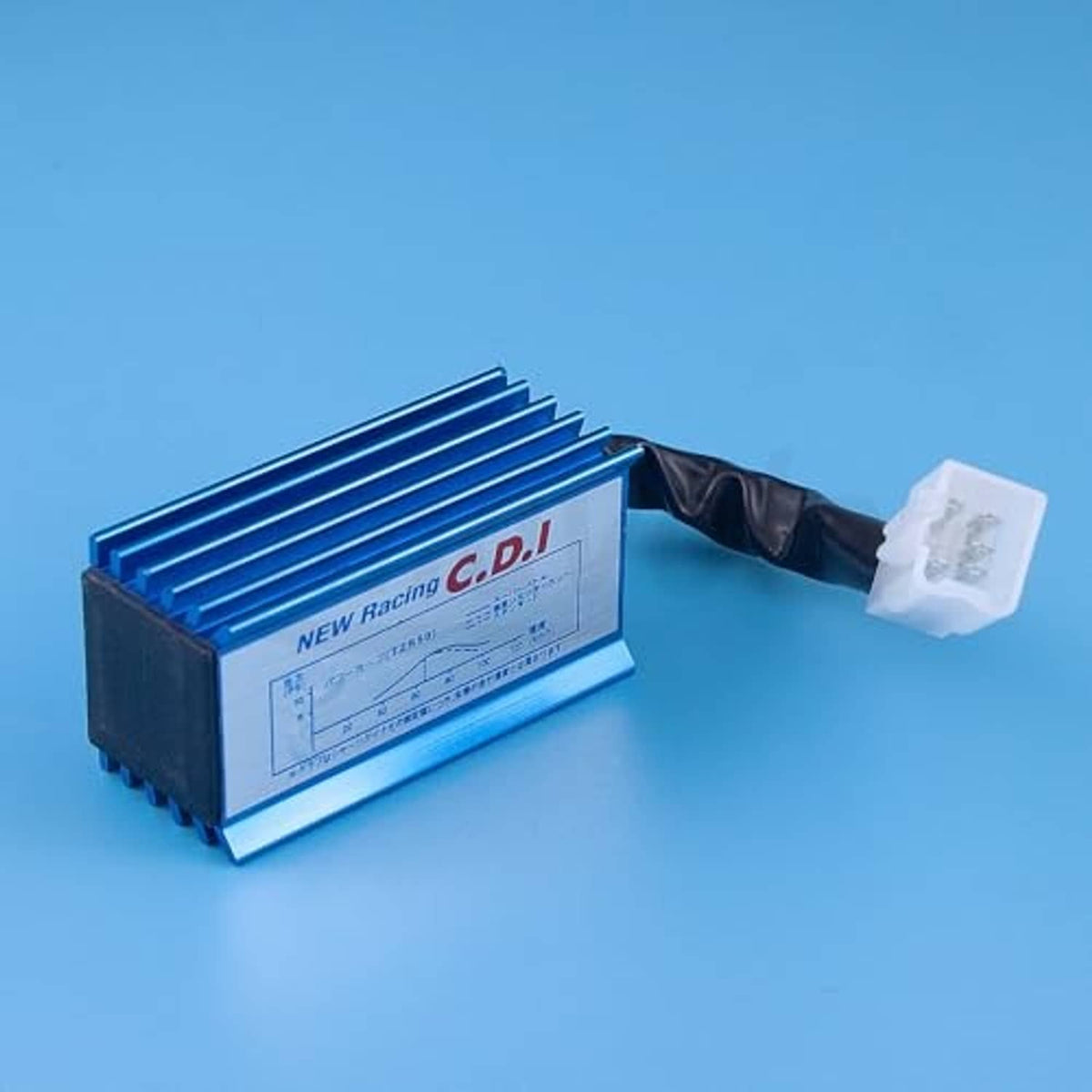 Blue finned 5-pin AC CDI ignition box with white electrical connector plug