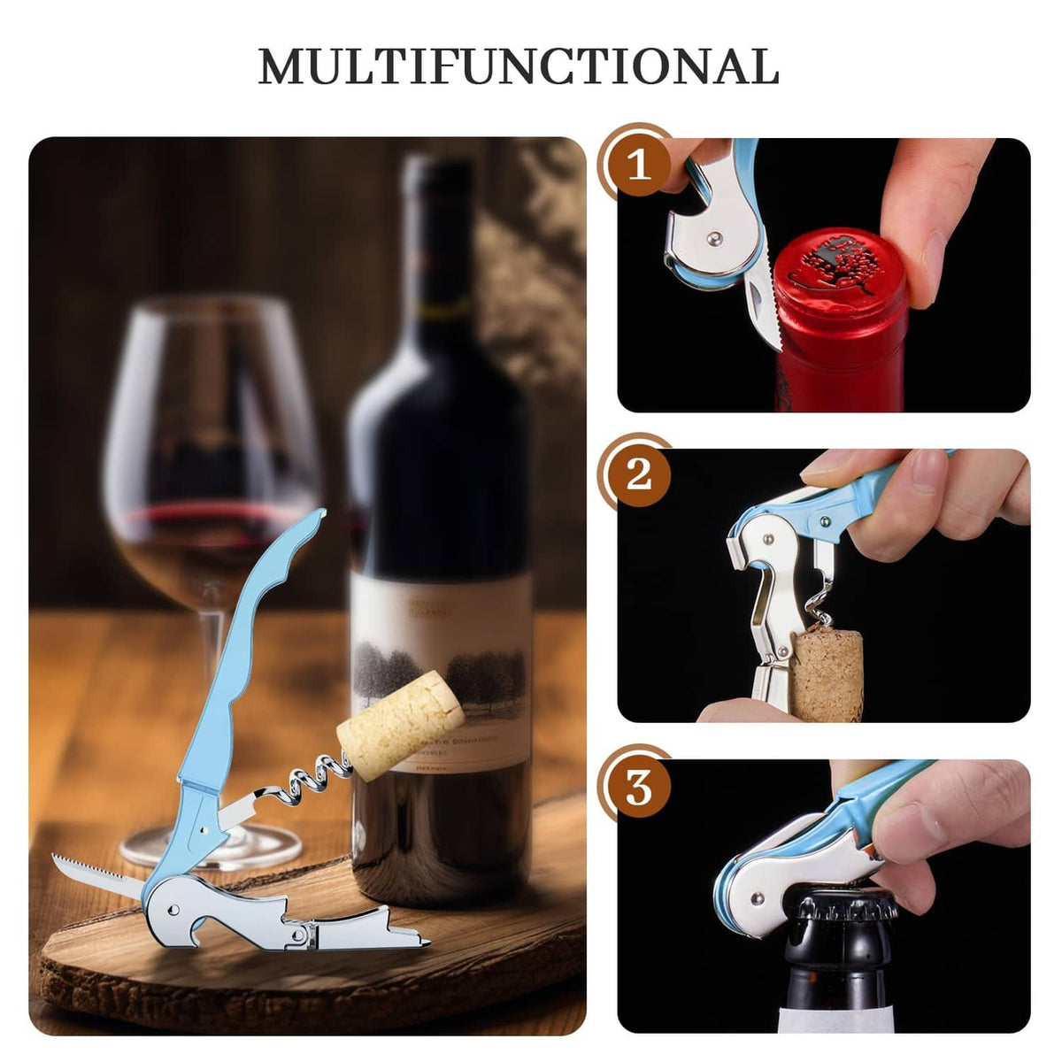 Sky blue waiter corkscrew being used on a bottle with cork