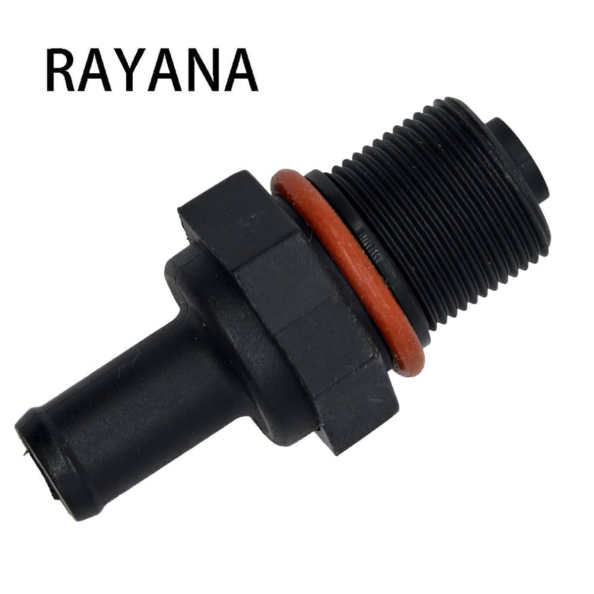 PCV valve with black connector, brown seal, and ribbed threaded section