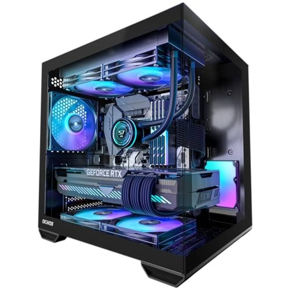 Black PC case with RGB-lit fans and installed graphics card inside an open side view.