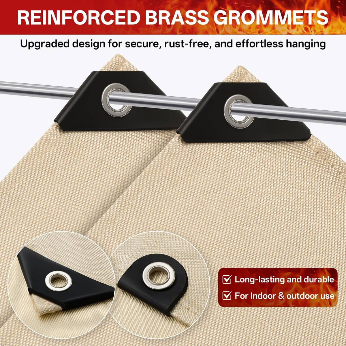 Golden welding blanket with reinforced brass grommets and hanging tab corners