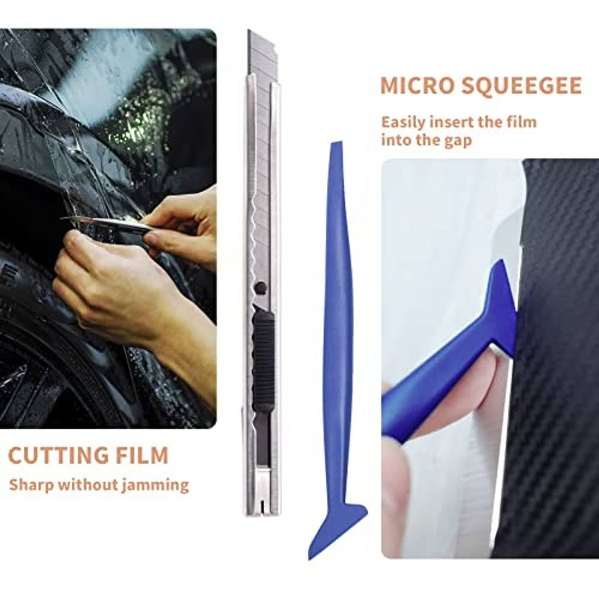 Vehicle vinyl wrap tool kit with metal cutting blade and blue micro squeegee