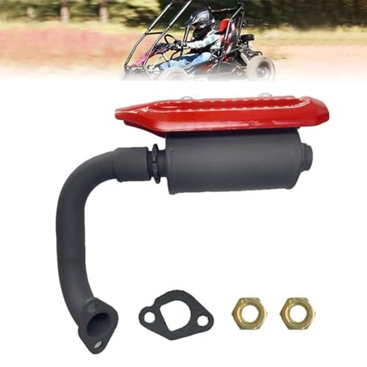 Go-kart exhaust muffler kit: black muffler and curved pipe with red heat shield and nuts