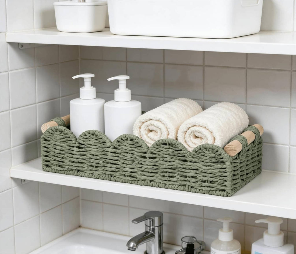 Green woven toilet paper storage basket with side loop handles, holding towels and bottles
