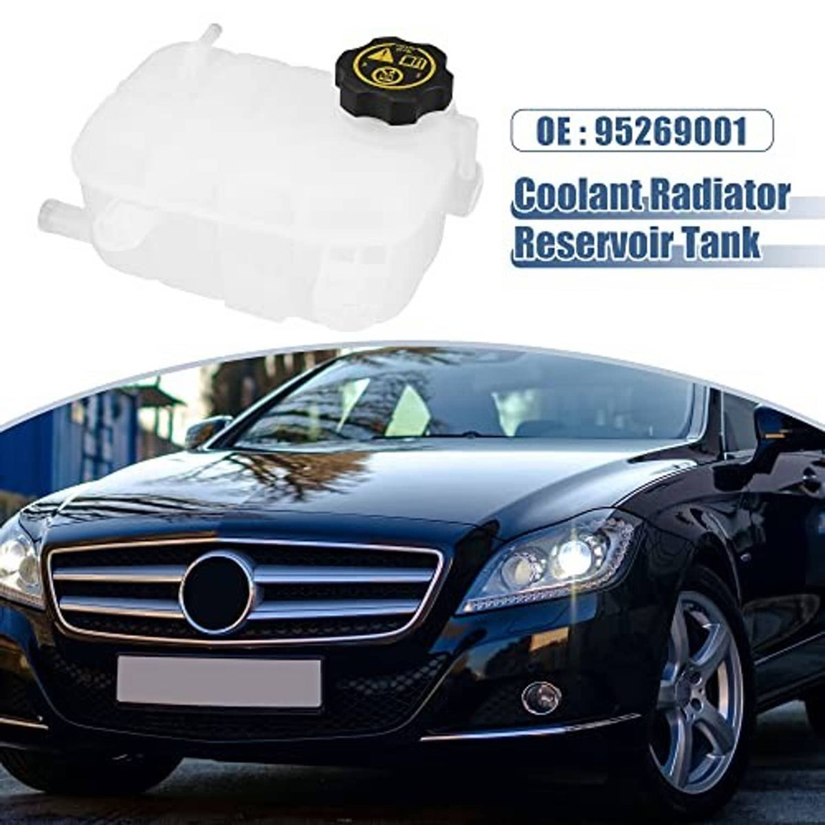 Coolant reservoir tank with black cap on top