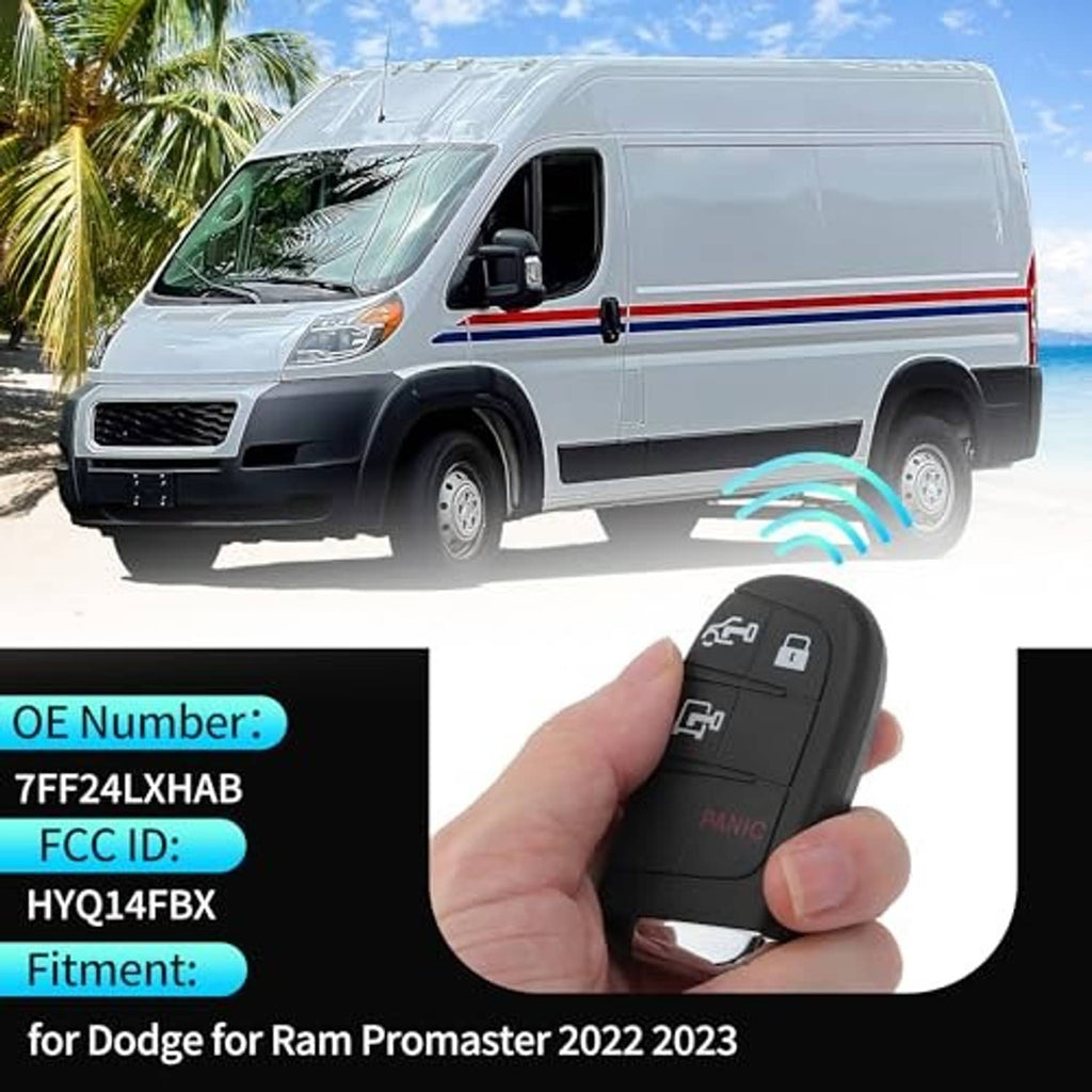 Black keyless remote fob with four buttons and chrome key ring, held in hand