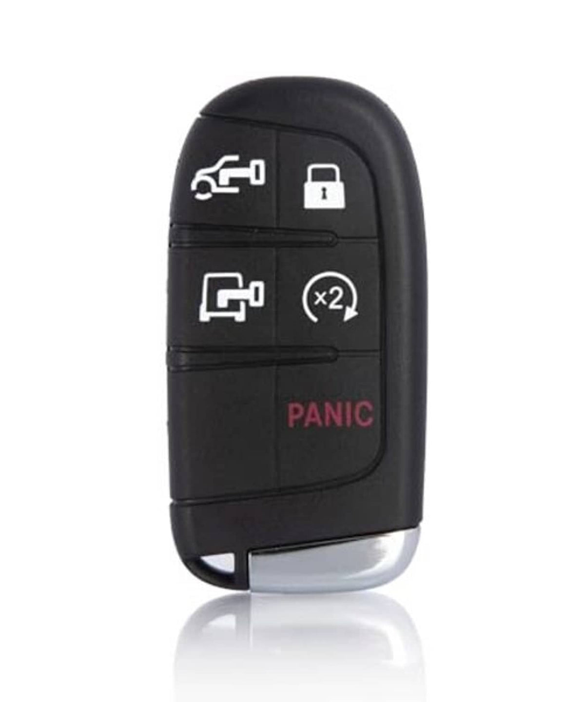 Black remote key fob with lock, unlock, remote start, x2, and red panic button