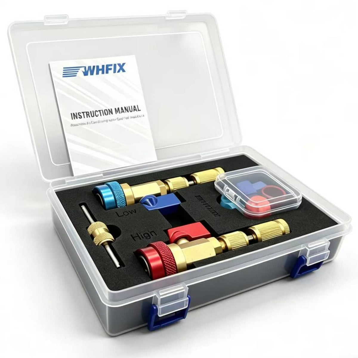 AC valve core tool set in gray plastic case with manual and brass fittings