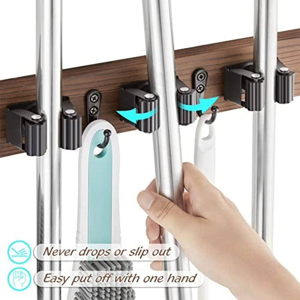 Mop and broom holder wall mount with sliding grips and hook for hanging handles