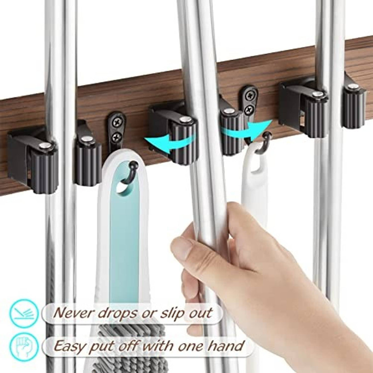 Mop and broom holder wall mount with sliding grips and hook for hanging handles