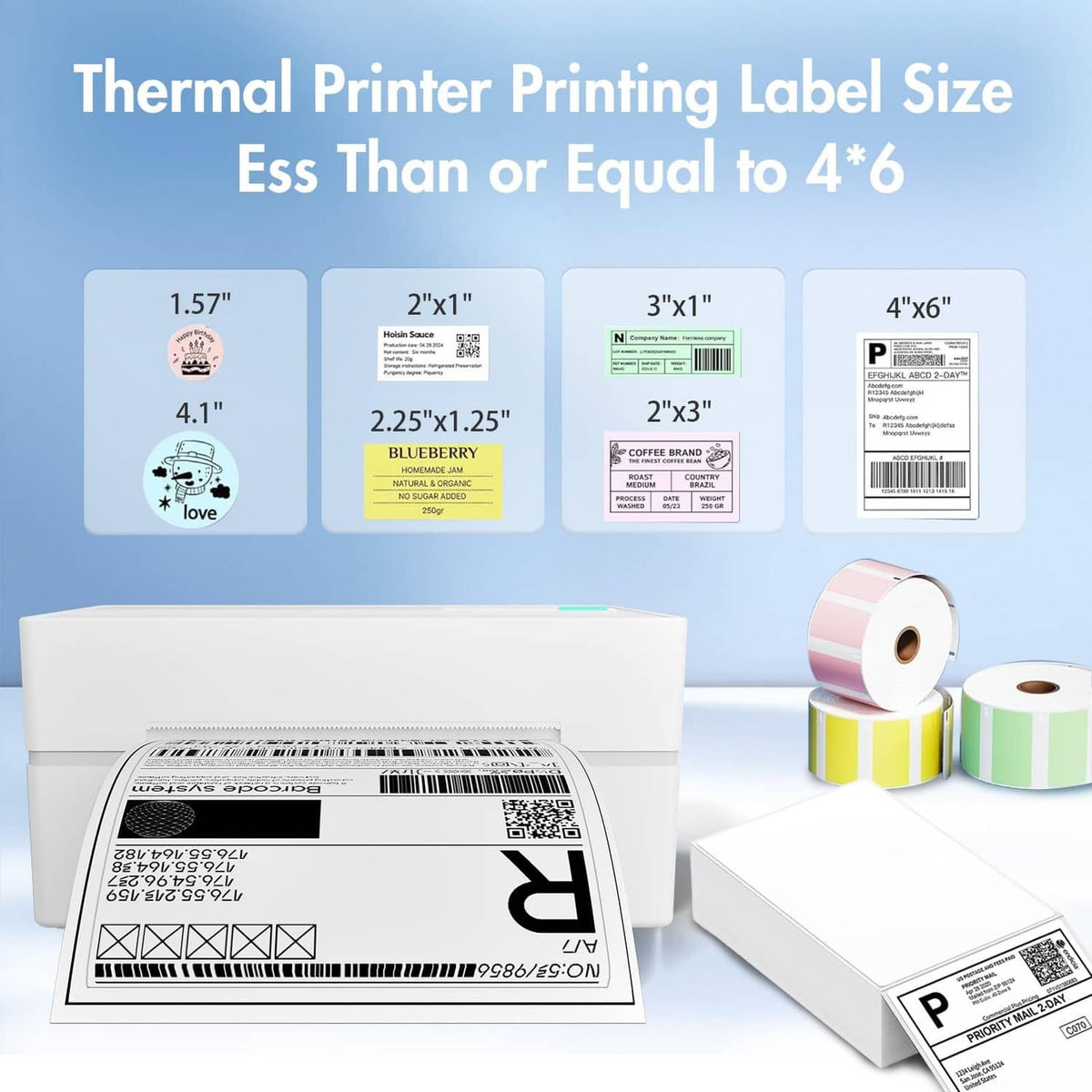 White thermal label printer with label roll and a printed 4x6 shipping label sample