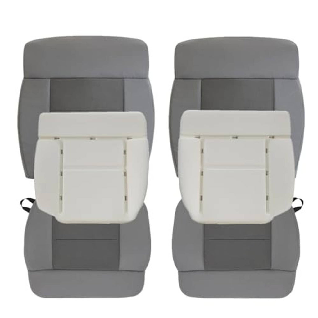 Gray front car seat cover pair with headrest and bottom cushion, centered texture panel