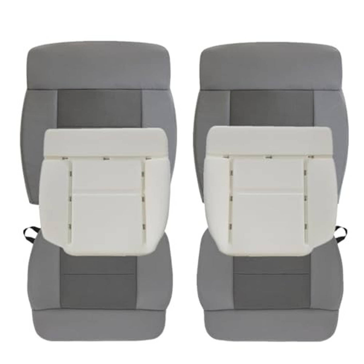 Gray front car seat cover pair with headrest and bottom cushion, centered texture panel