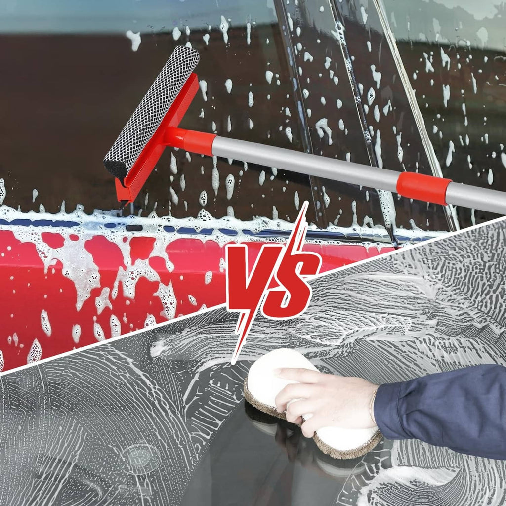 Red and grey window squeegee cleaner tool with rubber blade scrubbing wet glass