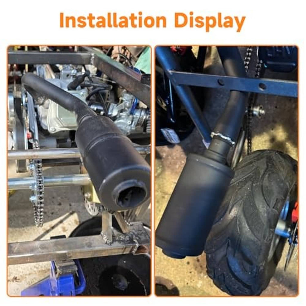 Black muffler silencer installed on small engine exhaust, close-up