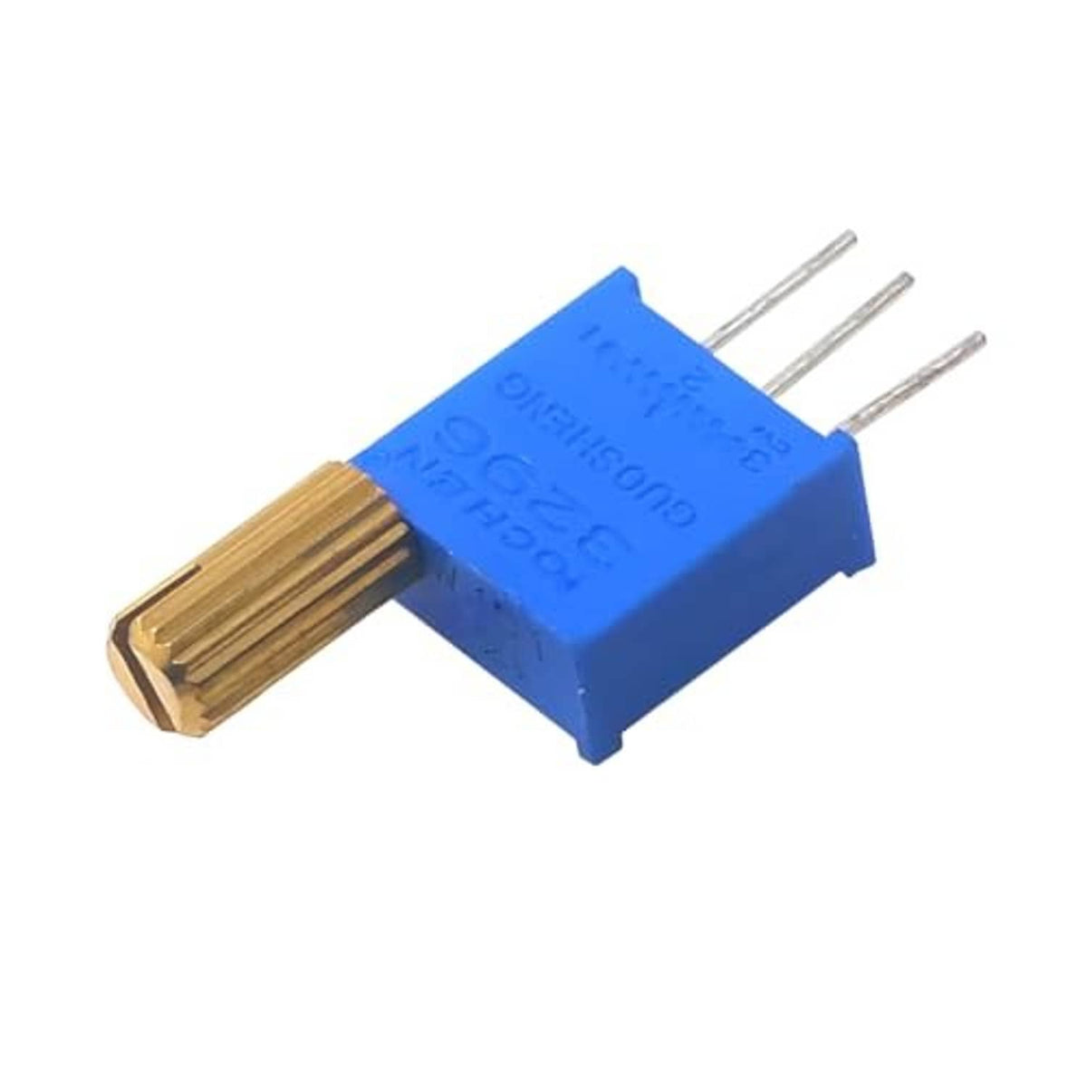 Blue multi-turn adjustable potentiometer with brass metal shaft and three pin leads
