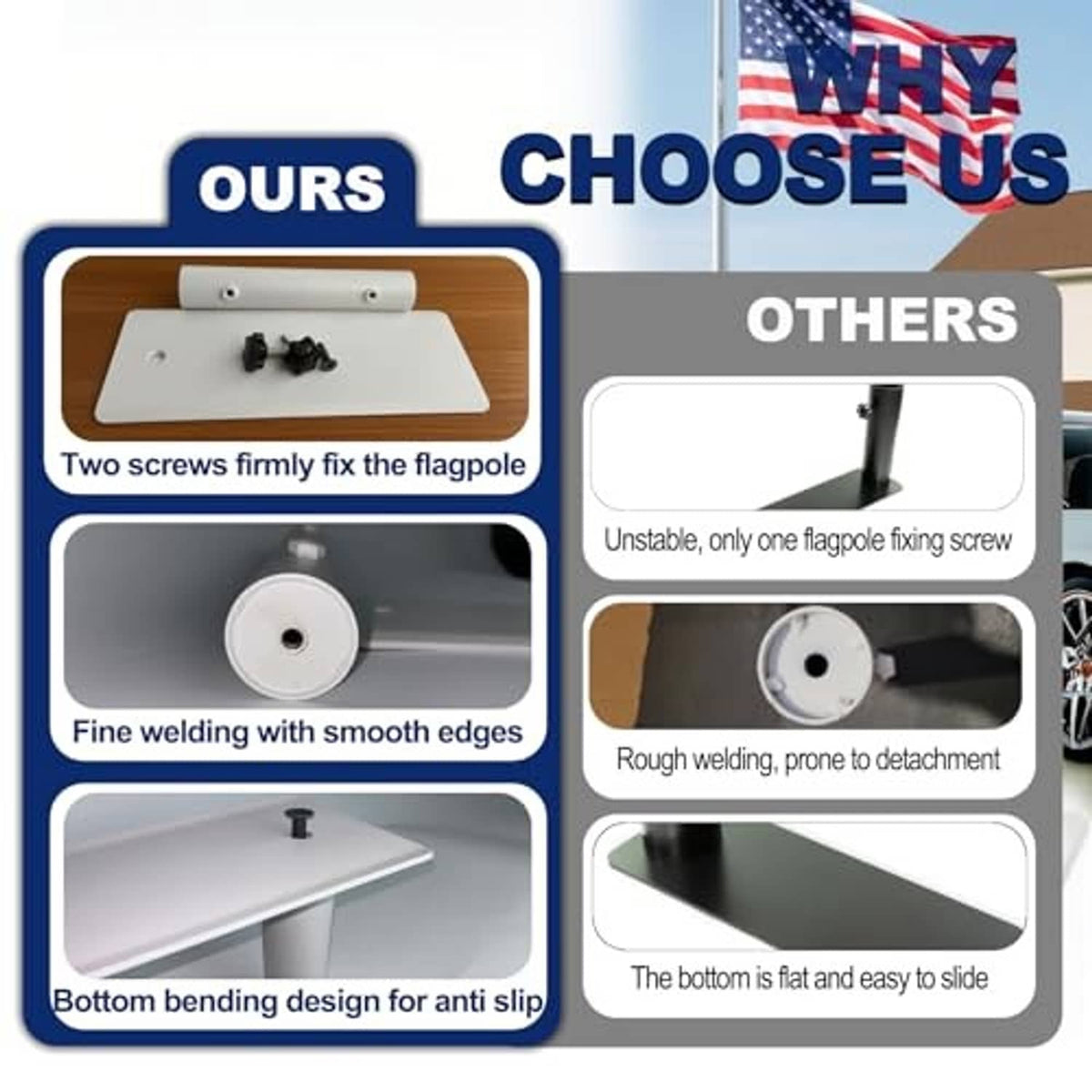 White flagpole mount base plate with screws and welded clamp brackets
