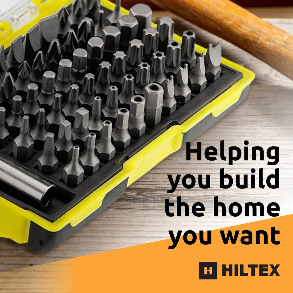 Hiltex security bit set with assorted black hex bits in yellow tray