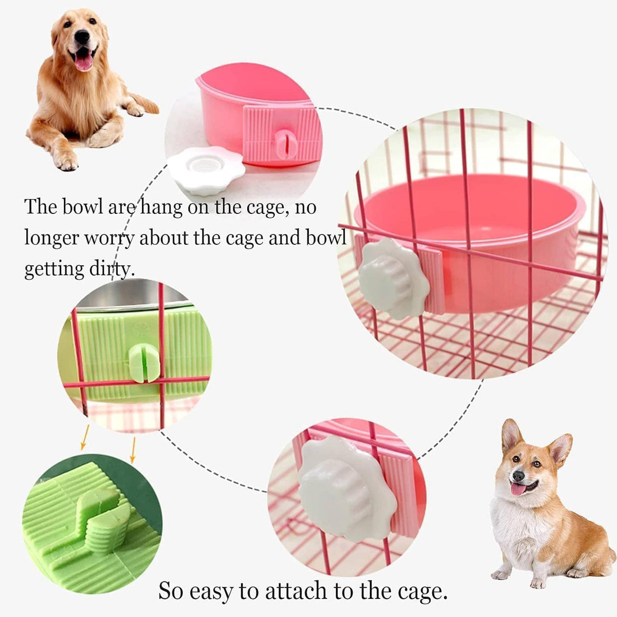 Hanging pet bowl set attached to cage bars with pink plastic base and stainless insert