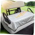 Gray golf cart seat cover blanket with orange alignment arrows and black trim