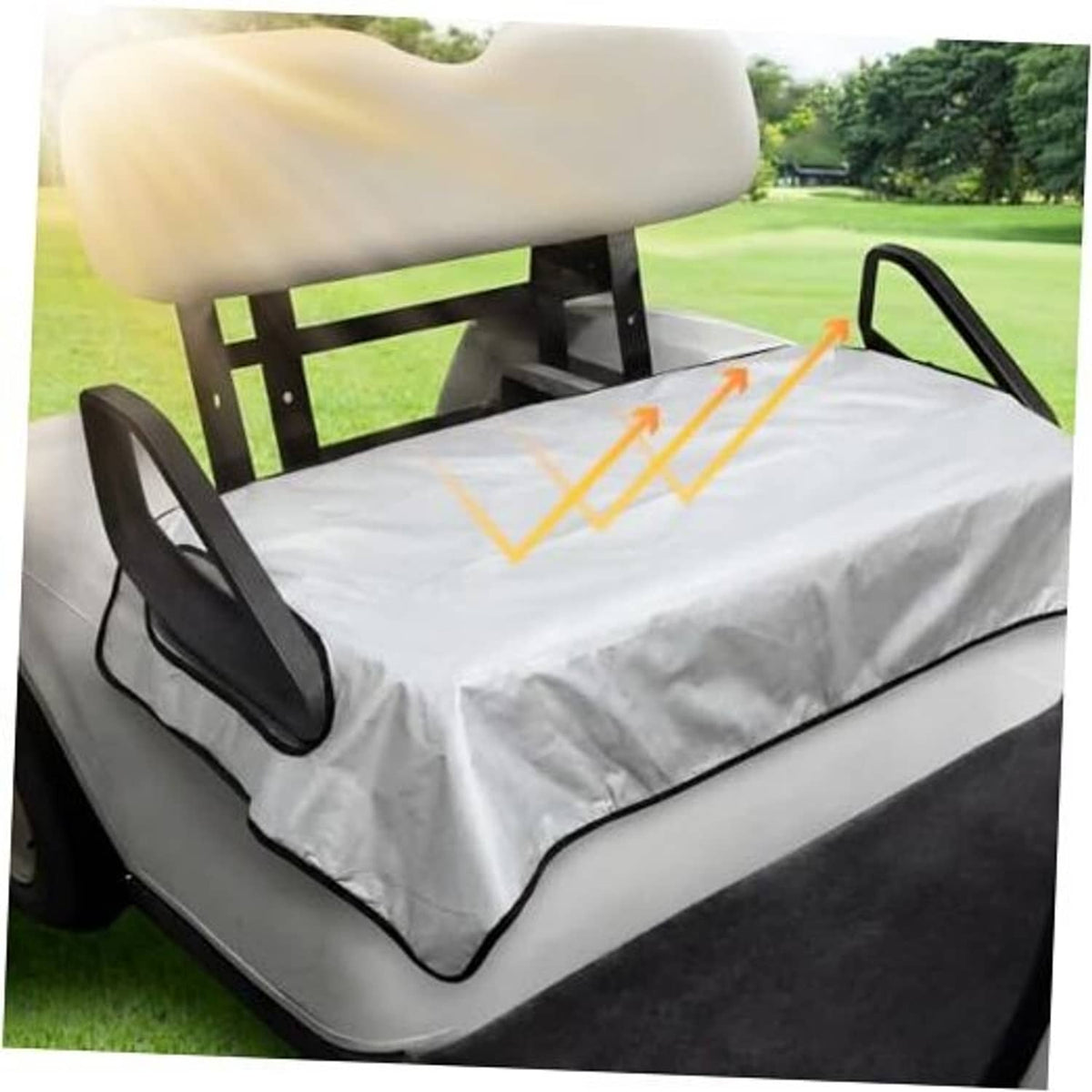 Gray golf cart seat cover blanket with orange alignment arrows and black trim