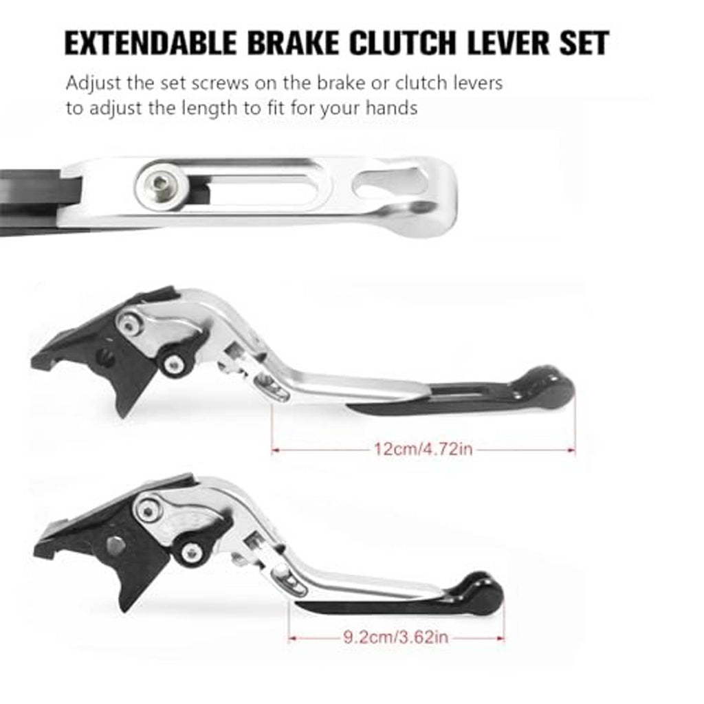 Extendable brake and clutch lever set, adjustable length, black handle with blue knobs