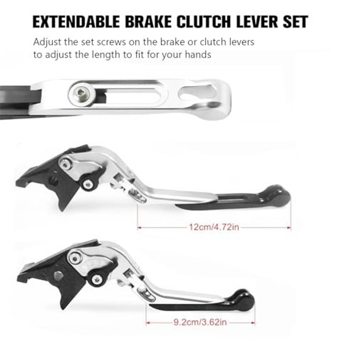 Extendable brake and clutch lever set, adjustable length, black handle with blue knobs
