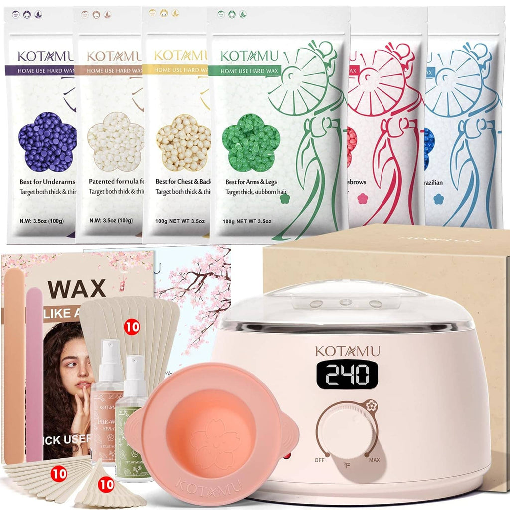 KOTAMU digital hard wax warmer kit with white base and pink silicone pot, boxed supplies