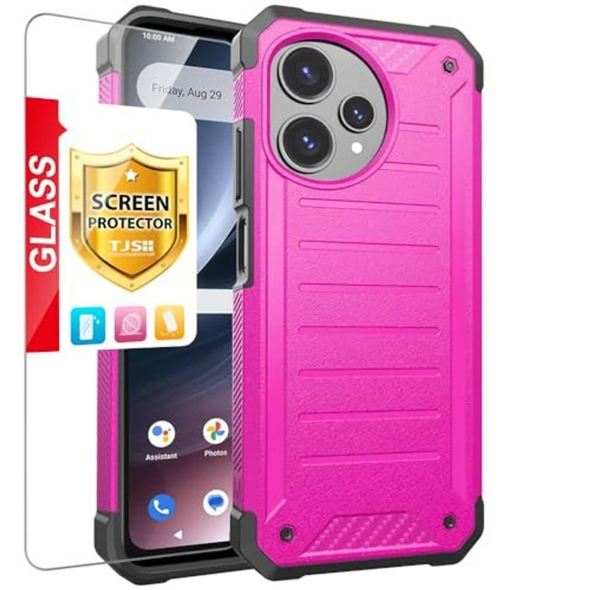 Pink rugged phone case with screen protector and triple camera cutout