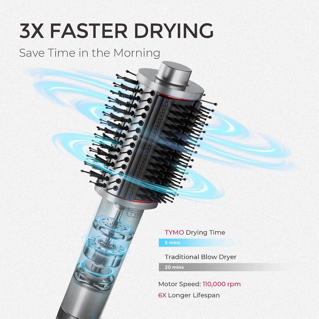 Ionic hair blow dryer brush with black bristles and silver vented barrel
