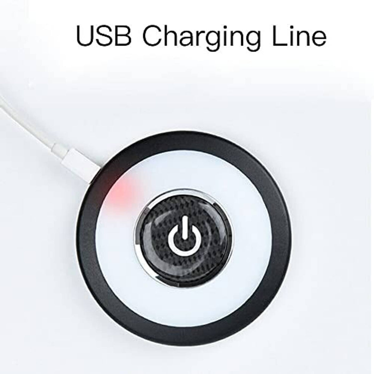 USB charging cable connected to USB rechargeable LED ceiling light with power button