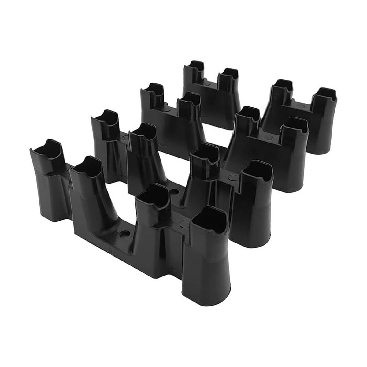 Set of black molded lifter tray guide supports, multiple raised pockets and holes