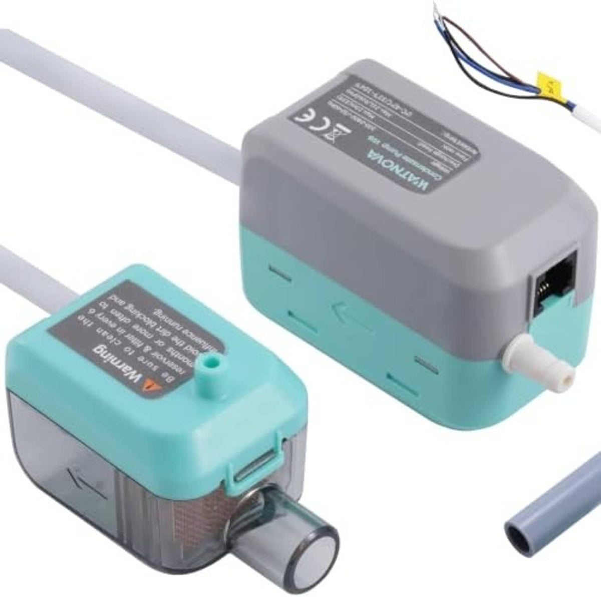Mini split condensate pump set with gray housing, teal base, and outlet tubing fittings.